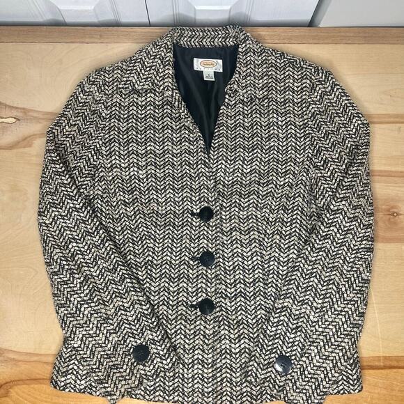 Talbots Womens Tweed Jacket Blazer Size 8 Herringbone Button Front Black & Cream - Picture 8 of 11